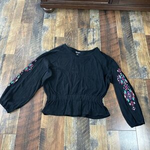 Chic Black Blouse with Floral Embroidered Sleeves